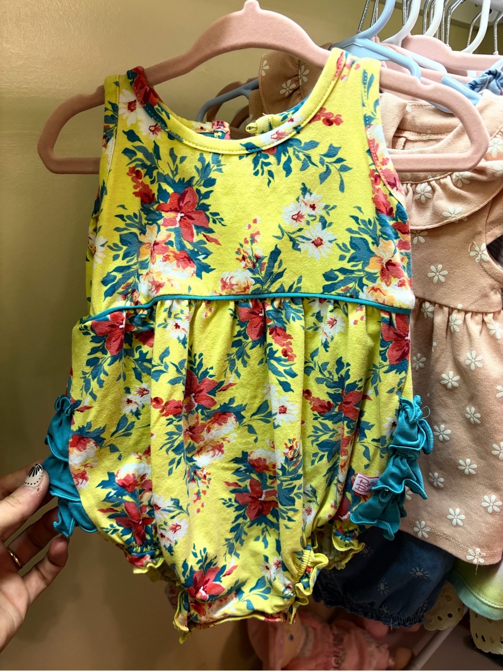 Yellow Floral Baby Romper with Teal Trim